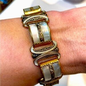 Vintage Mid-Century Damascene Panel Bracelet with Mother-of-Pearl Lucite Inlay
